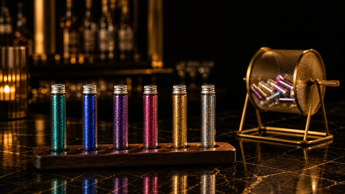 Six jewel-toned glitter test tubes on a wooden flight paddle beside a brass lottery drum
