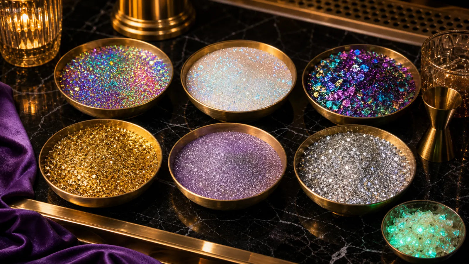 Colorful glitter finishes in brass dishes on a black marble bar