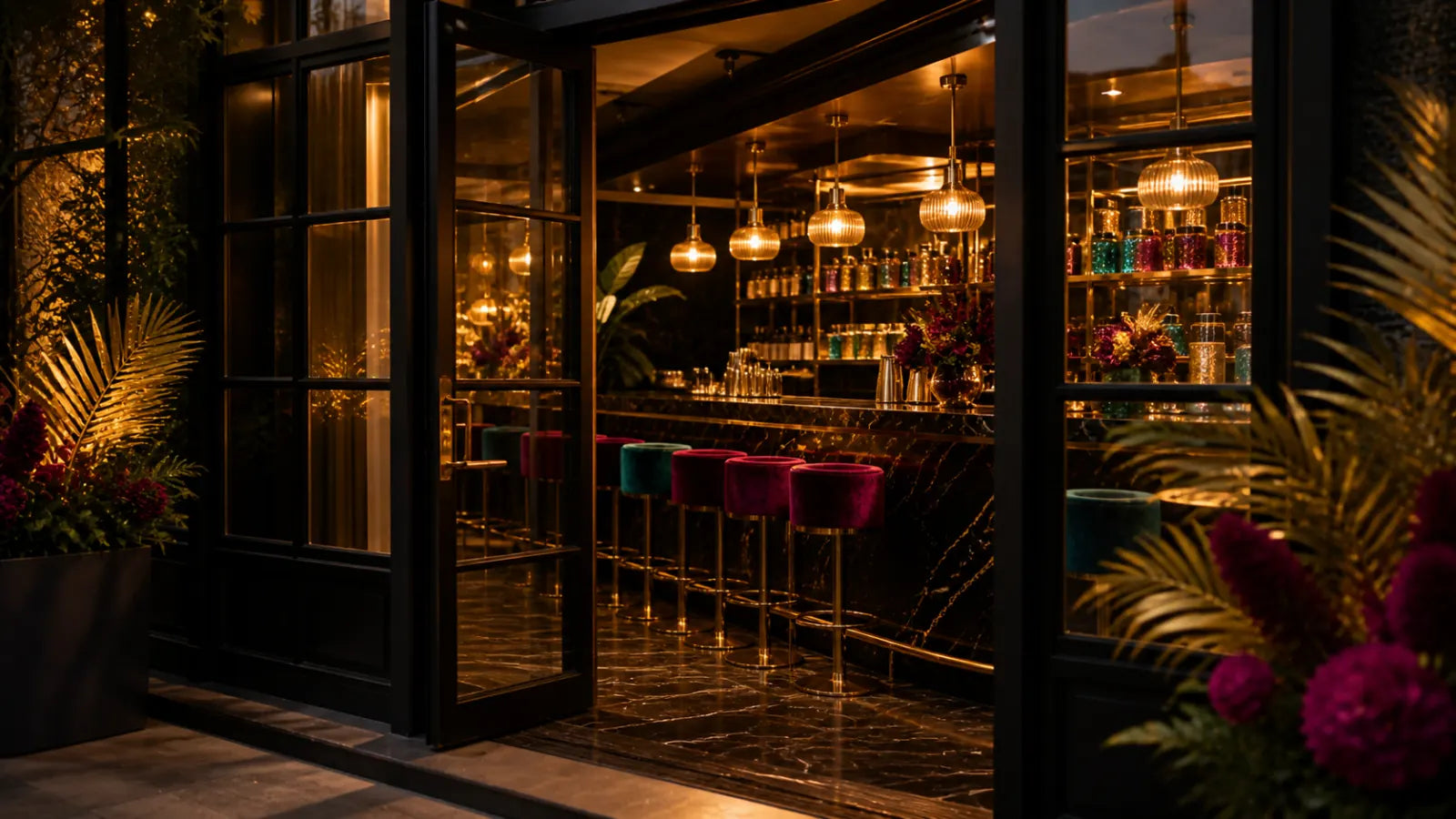 Open glass door revealing the warm black marble Lab bar interior