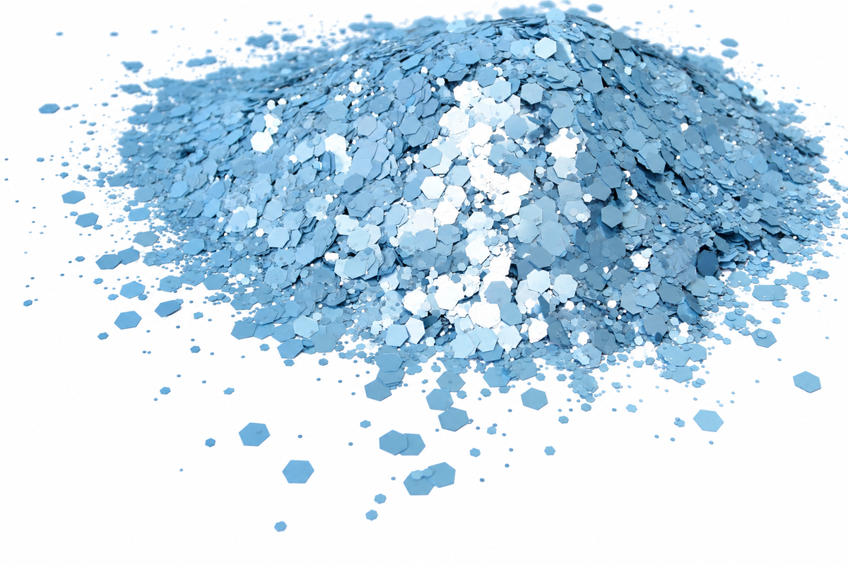 A pile of light blue hexagonal glitter flakes scattered on a plain white background.