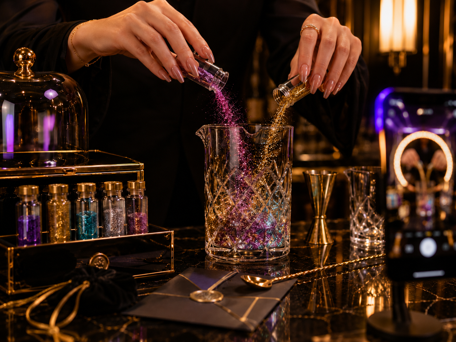 Hands pouring pink and gold glitter into a crystal mixing glass at the glitter bar