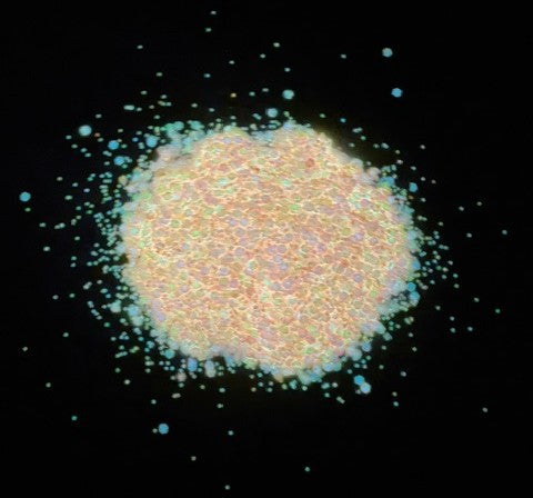 A glowing, textured circular cluster of iridescent pastel glitter on a solid black background, with smaller scattered dots around it.