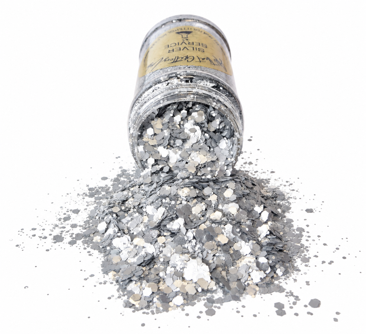 Silver Service Bright Silver Glitter shown spilling from the shaker