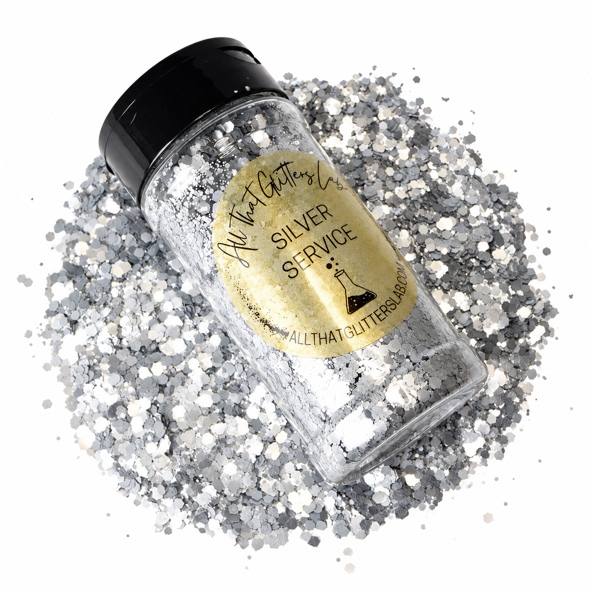 Silver Service Bright Silver Chunky Mix Glitter Shown in a Shaker Resting on a Pile of Glitter