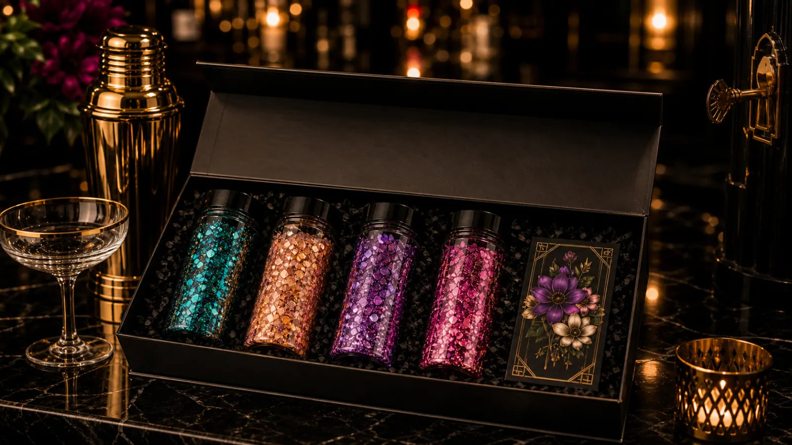 Open black Speakeasy box with four jewel-toned glitter jars and a floral UV DTF card on a brass-lit bar