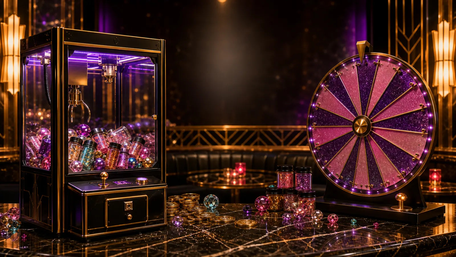 Brass claw machine and purple glitter prize wheel on a black marble bar