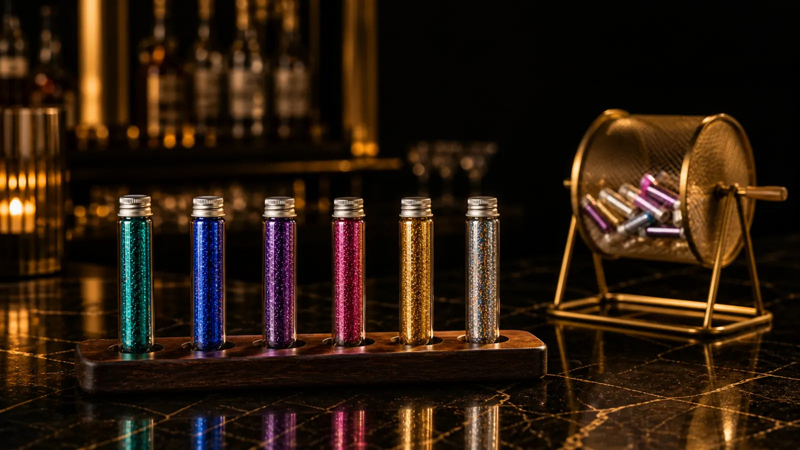 Six jewel-toned glitter test tubes on a wooden flight paddle beside a brass lottery drum