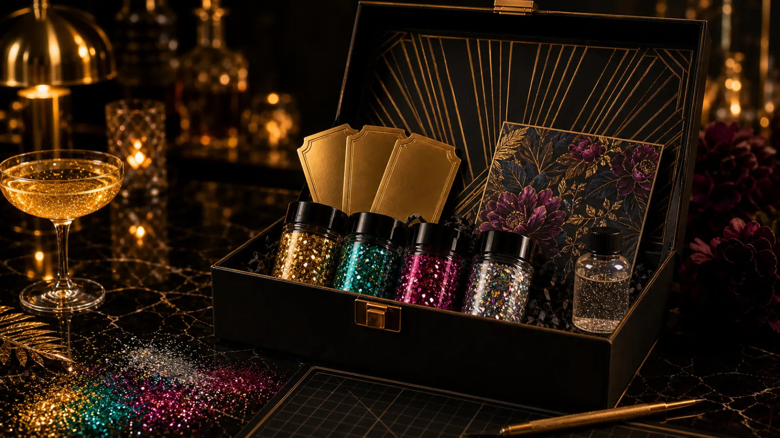 Open anniversary box with glitter jars, gold ticket and UV DTF card on a bar
