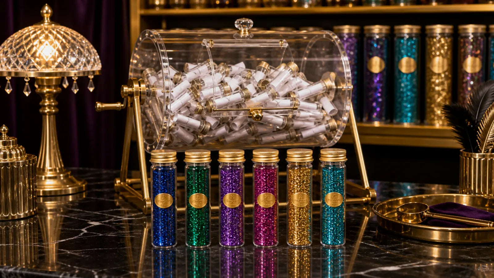 Glitter-filled 1 oz test tubes beside a clear lotto drum on a brass bar