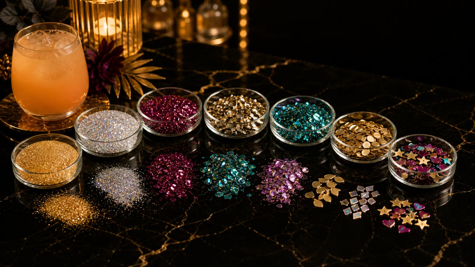 Glitter cuts in glass dishes across a black marble bar