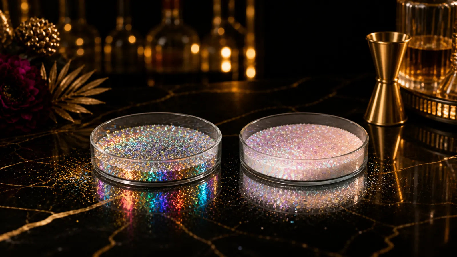 Holographic and iridescent glitter dishes on a brass-lit black marble bar