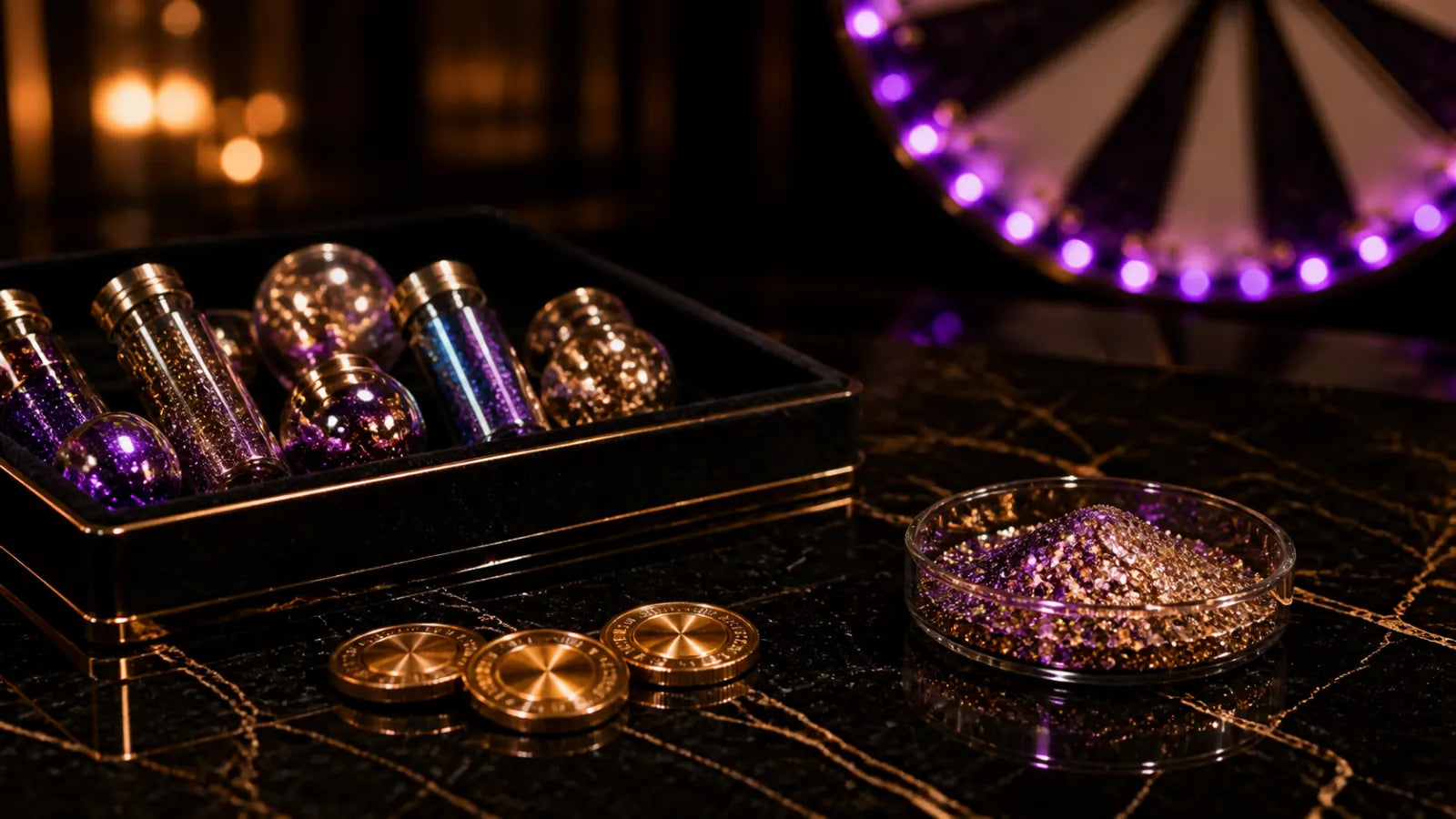 Glitter-filled event tray, tokens, and prize wheel on a black marble bar