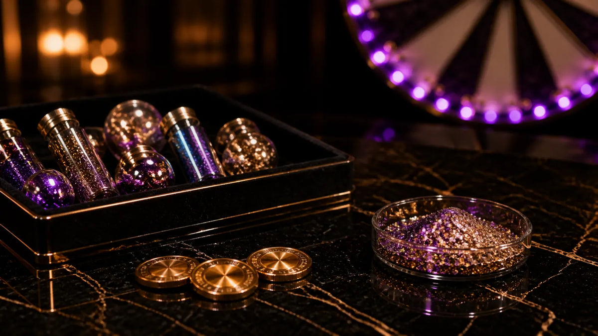 Glitter-filled event tray, tokens, and prize wheel on a black marble bar