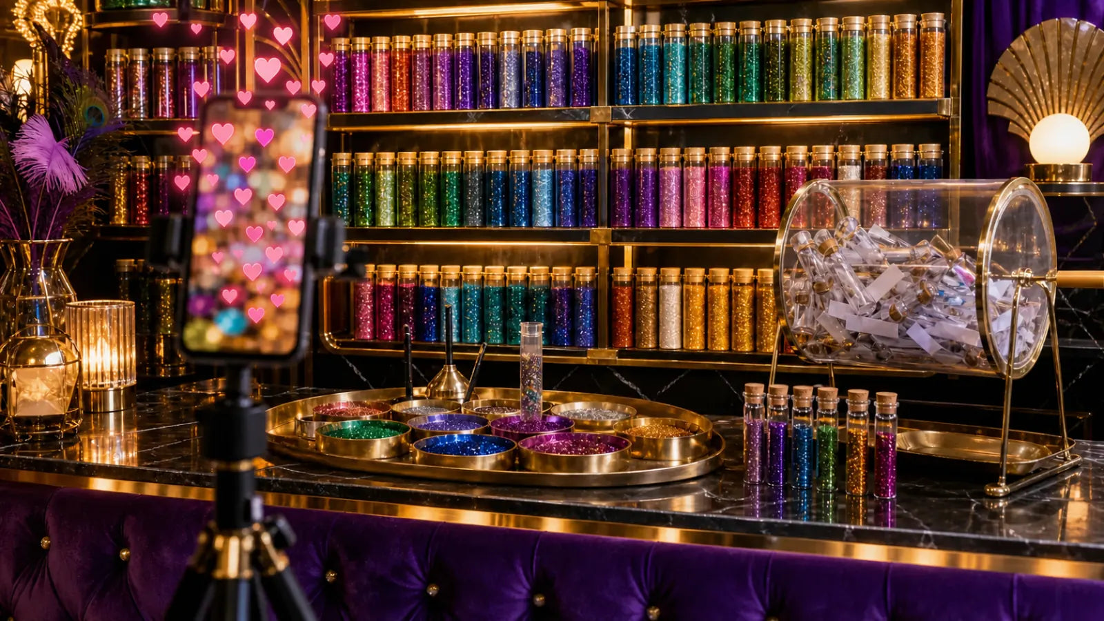 Colorful glitter jars on the Back Bar during a welcoming live show
