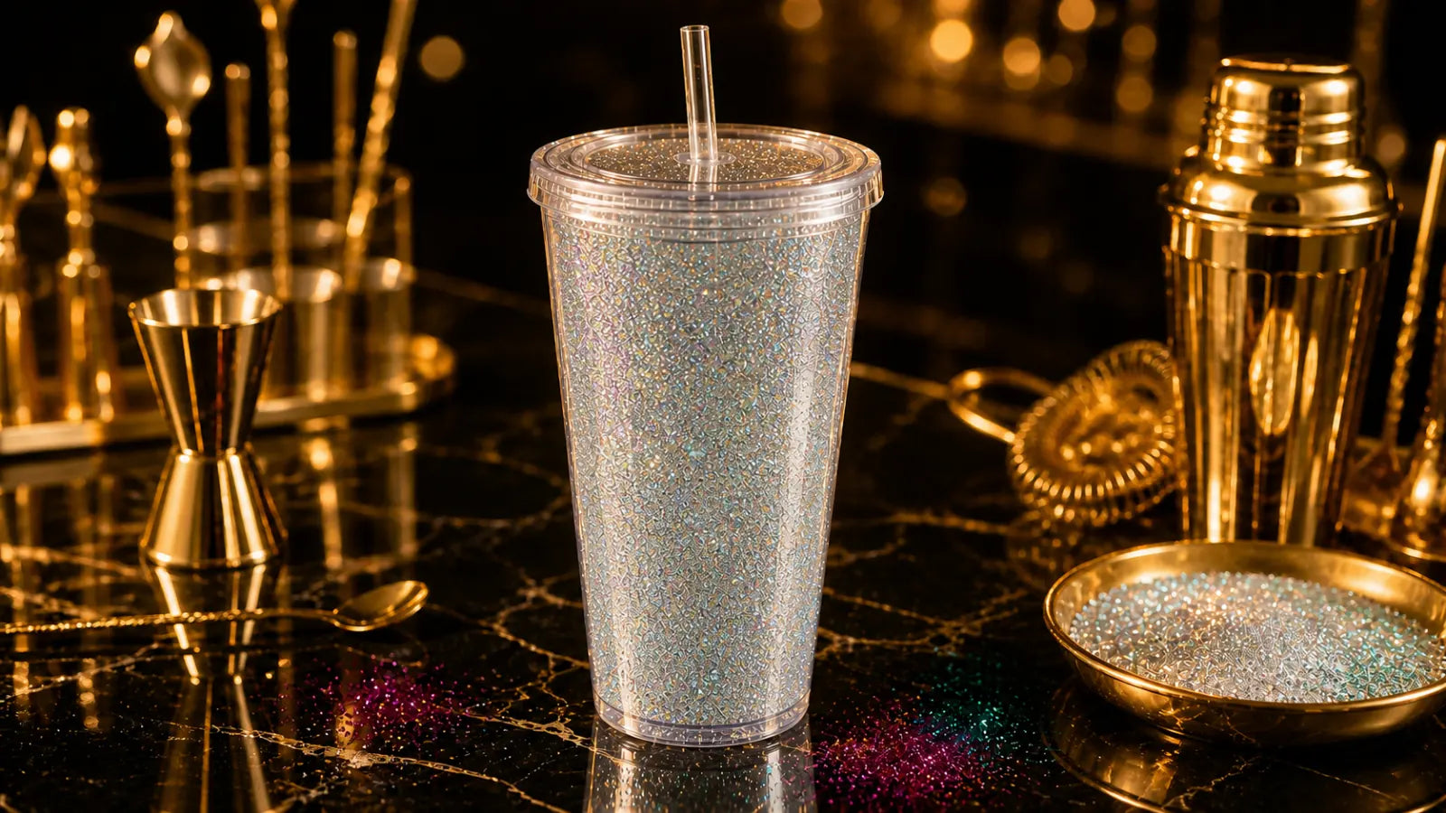 Double-wall snow globe tumbler with suspended glitter on a black marble bar