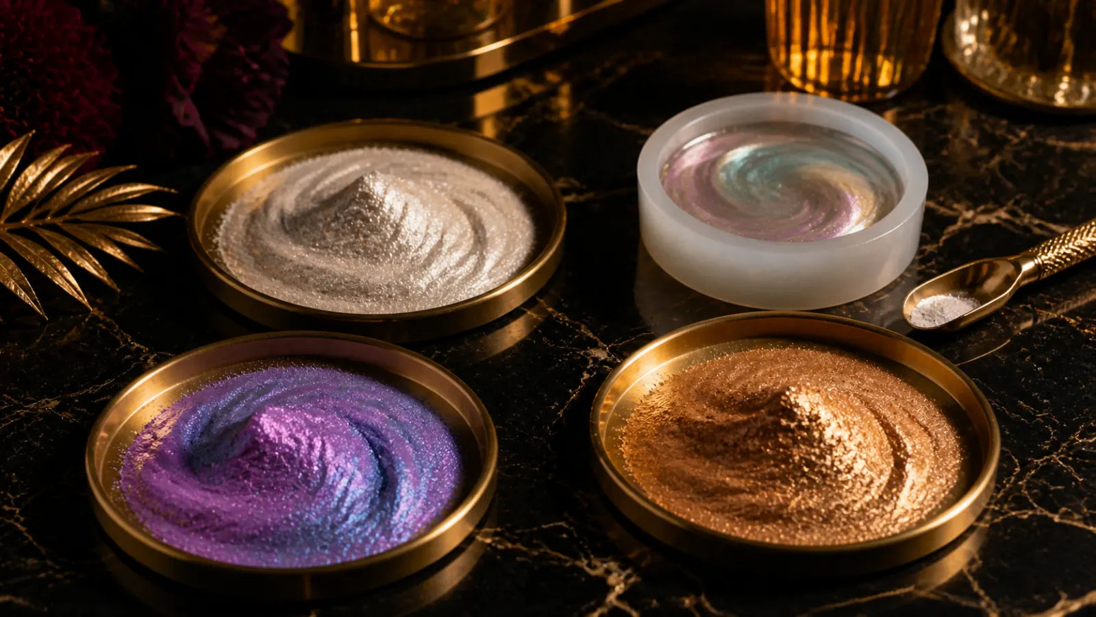 Iridescent mica powder in brass dishes beside a resin pour on black marble
