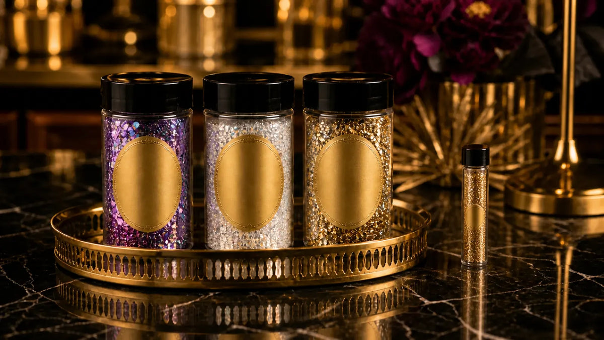 Three coordinated glitter jars and a small surprise glitter pour on a brass bar tray