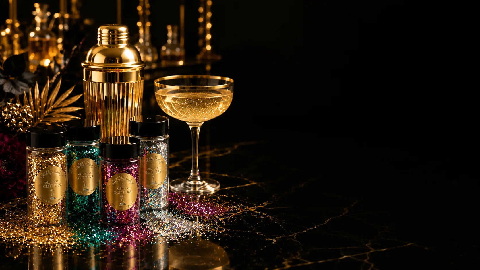Gold cocktail shaker and coupe glass beside jars of All That Glitters Lab craft glitter on a black marble bar