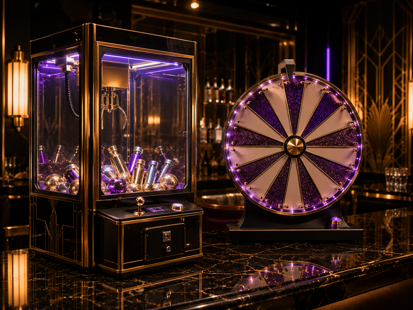 Art deco claw machine filled with glitter jars beside a purple glitter prize wheel