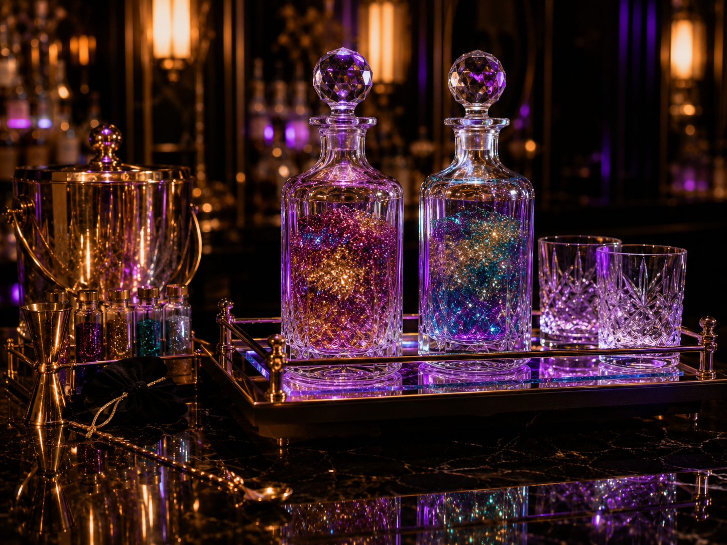 Crystal decanters filled with purple and teal glitter on a mirrored bar tray