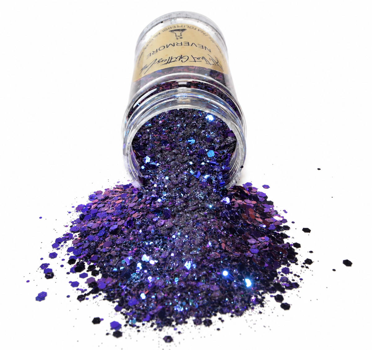 Bottle of spilled Nevermore glitter - deep blue and purple color shift.