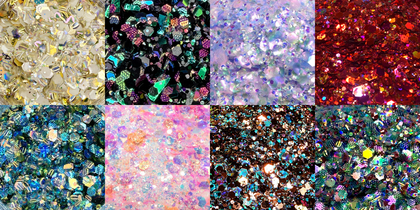 Eight close-up swatches of Lab Created Sparkle custom glitter mixes in gold, green, lilac, red, blue, pink, bronze and teal